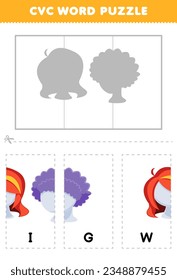 Education game for children to learn cvc word by complete the puzzle of cute cartoon wig picture printable worksheet