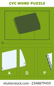 Education game for children to learn cvc word by complete the puzzle of cute cartoon white notepad picture printable worksheet