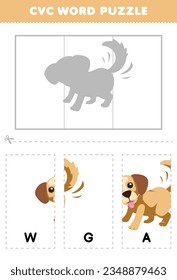 Education game for children to learn cvc word by complete the puzzle of cute cartoon dog wag the tail picture printable worksheet