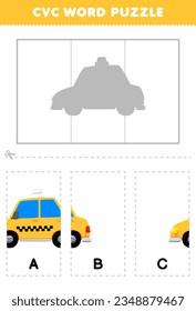 Education game for children to learn cvc word by complete the puzzle of cute cartoon yellow cab taxi picture printable worksheet