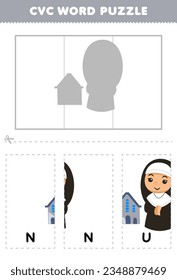 Education game for children to learn cvc word by complete the puzzle of cute cartoon nun picture printable worksheet