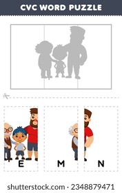 Juego de educación para que los niños aprendan la palabra cvc completando el rompecabezas de la hoja de cálculo imprimible de dibujos animados de los hombres lindos