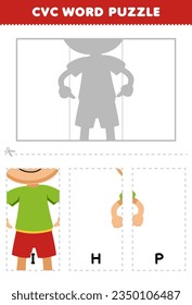 Education game for children to learn cvc word by complete the puzzle of cute cartoon boy pointing on hip picture printable worksheet
