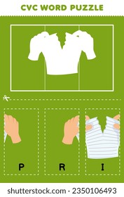 Education game for children to learn cvc word by complete the puzzle of cute cartoon hand rip the paper picture printable worksheet