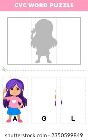 Education game for children to learn cvc word by complete the puzzle of cute cartoon gal girl picture printable worksheet