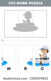 Education game for children to learn cvc word by complete the puzzle of cute cartoon man rowing a boat picture printable worksheet