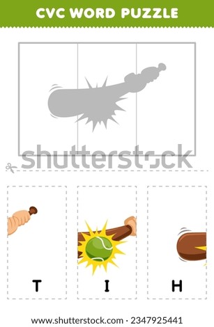 Education game for children to learn cvc word by complete the puzzle of cute cartoon bat hits the ball picture printable worksheet