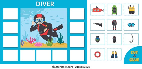 Education game for children. Learning cards. Professions. Choose the right items for the diver. Printable worksheet activity. Vector illustration