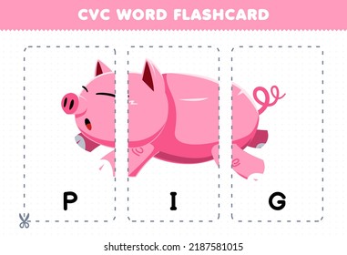 Education game for children learning consonant vowel consonant word with cute cartoon PIG illustration printable flashcard