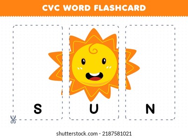 Education game for children learning consonant vowel consonant word with cute cartoon SUN illustration printable flashcard