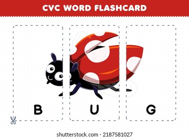 Education game for children learning consonant vowel consonant word with cute cartoon BUG illustration printable flashcard