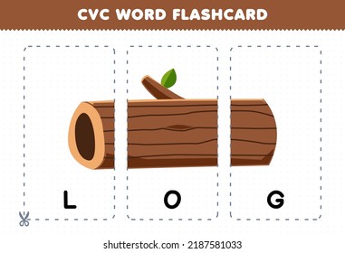 Education game for children learning consonant vowel consonant word with cute cartoon LOG illustration printable flashcard