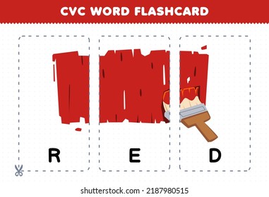 Education game for children learning consonant vowel consonant word with cute cartoon RED color illustration printable flashcard