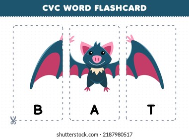 Education game for children learning consonant vowel consonant word with cute cartoon BAT illustration printable flashcard