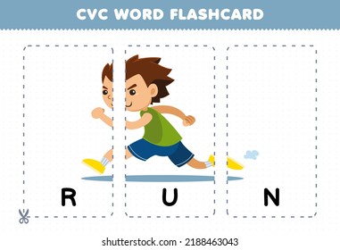 Education game for children learning consonant vowel consonant word with cute cartoon RUN illustration printable flashcard