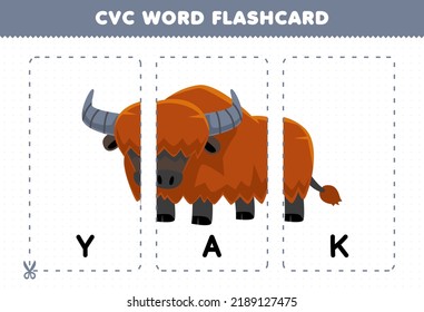 Juego de educación para niños aprendiendo vocal consonante palabra consonante con caricatura lindo YAK ilustración flashcard imprimible