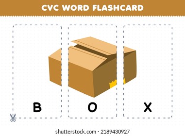 Education game for children learning consonant vowel consonant word with cute cartoon BOX illustration printable flashcard