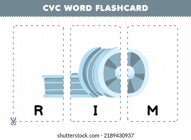 Education game for children learning consonant vowel consonant word with cute cartoon RIM wheel illustration printable flashcard