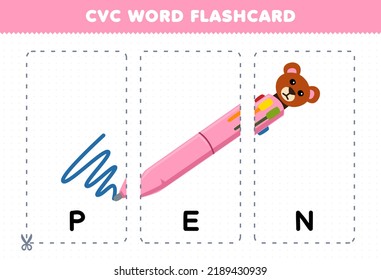 Education game for children learning consonant vowel consonant word with cute cartoon PEN illustration printable flashcard