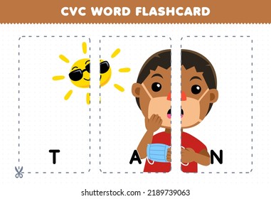 Education game for children learning consonant vowel consonant word with cute cartoon TAN skin boy illustration printable flashcard