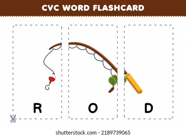 Education game for children learning consonant vowel consonant word with cute cartoon fishing ROD illustration printable flashcard