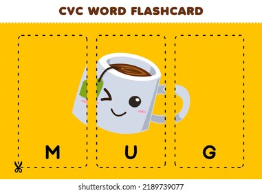 Juego de educación para niños aprendiendo vocal consonante palabra consonante con caricatura lindo MUG ilustración flashcard imprimible