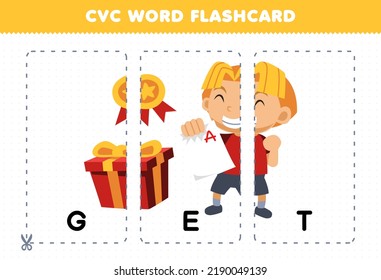 Education game for children learning consonant vowel consonant word with cute cartoon boy GET medal and gift illustration printable flashcard