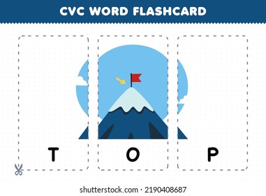 Education game for children learning consonant vowel consonant word with cute cartoon TOP of mountain illustration printable flashcard