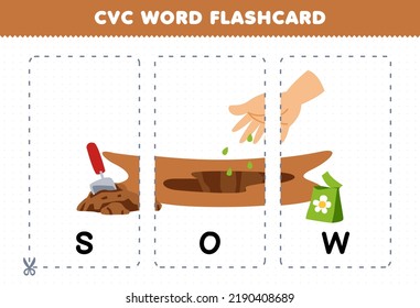 Education game for children learning consonant vowel consonant word with cute cartoon SOW flower seed illustration printable flashcard
