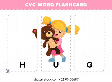 Education game for children learning consonant vowel consonant word with cute cartoon girl HUG teddy bear doll illustration printable flashcard