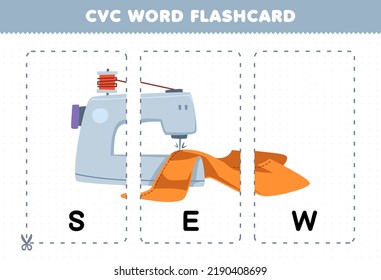 Education game for children learning consonant vowel consonant word with cute cartoon SEW illustration printable flashcard