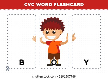 Education game for children learning consonant vowel consonant word with cute cartoon BOY illustration printable flashcard