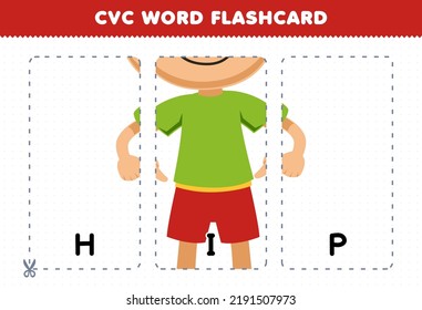 Juego educativo para niños aprendiendo vocal consonante palabra consonante con tierno niño de dibujos animados apuntando a la ilustración de la cintura HIP flashcard imprimible