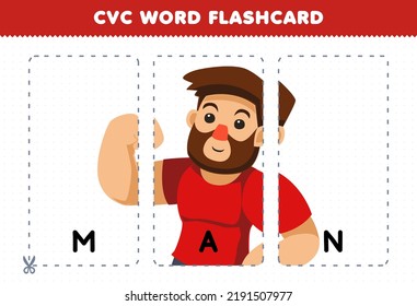 Education game for children learning consonant vowel consonant word with cute cartoon strong MAN illustration printable flashcard