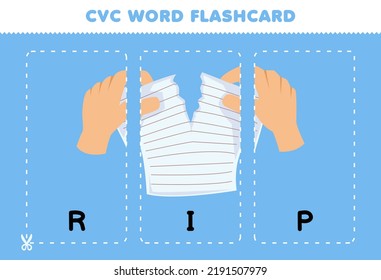 Education game for children learning consonant vowel consonant word with cute cartoon hand RIP the paper illustration printable flashcard