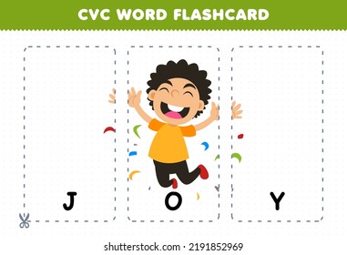 Education game for children learning consonant vowel consonant word with cute cartoon man feeling JOY illustration printable flashcard