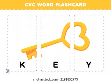 Education game for children learning consonant vowel consonant word with cute cartoon yellow KEY illustration printable flashcard