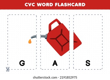 Education game for children learning consonant vowel consonant word with cute cartoon GAS fuel container illustration printable flashcard