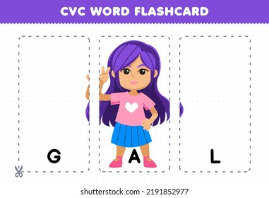 Education game for children learning consonant vowel consonant word with cute cartoon GAL girl illustration printable flashcard