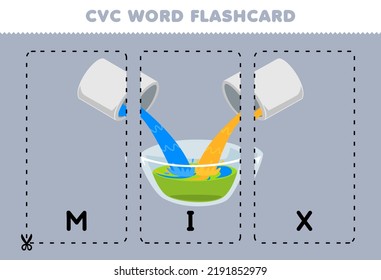 Education game for children learning consonant vowel consonant word with cute cartoon MIX color blue and yellow become green illustration printable flashcard