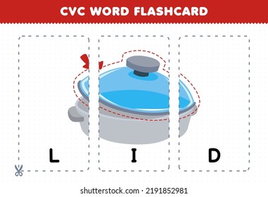 Education game for children learning consonant vowel consonant word with cute cartoon pot LID illustration printable flashcard