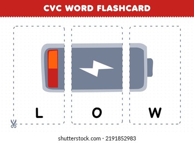 Education game for children learning consonant vowel consonant word with cute cartoon LOW battery icon illustration printable flashcard