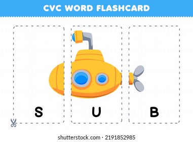 Education game for children learning consonant vowel consonant word with cute cartoon SUB marine illustration printable flashcard