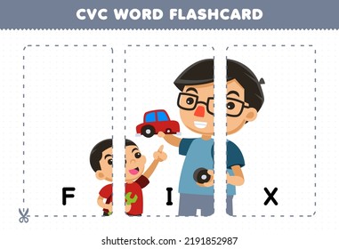 Education game for children learning consonant vowel consonant word with cute cartoon boy and dad trying FIX car toy illustration printable flashcard