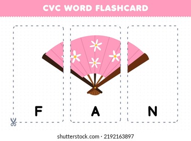 Education game for children learning consonant vowel consonant word with cute cartoon manual FAN illustration printable flashcard