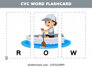 Education game for children learning consonant vowel consonant word with cute cartoon ROW boat illustration printable flashcard