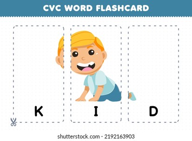 Education game for children learning consonant vowel consonant word with cute cartoon happy KID illustration printable flashcard