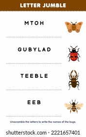 Education game for children letter jumble write the correct name for cute cartoon moth ladybug beetle bee printable bug worksheet