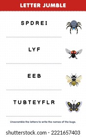 Education game for children letter jumble write the correct name for cute cartoon spider fly bee butterfly printable bug worksheet