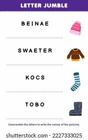 Education game for children letter jumble write the correct name for cute cartoon beanie sweater sock boot printable winter worksheet